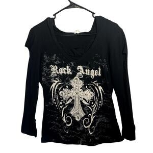 Bling Cross Lace Cut Out Top XL Rock Angel Spellout Western Cowgirl Jeweled Moto